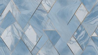 The primary subject of the image is a blue and white marble tile pattern. The setting is a blue and white marble tile wall, which serves as the background. The visual style is a close-up of the tile pattern, showcasing the intricate design. The colors and mood of the image are predominantly blue and white, creating a clean and elegant atmosphere.