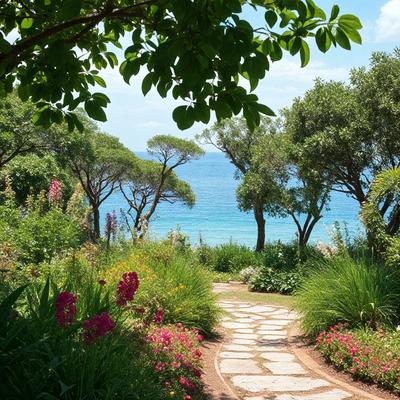The primary subject of the image is a pathway surrounded by a beautiful garden filled with flowers and trees. The setting is a serene, natural environment with a blue ocean in the background. The visual style is a photo, capturing the vibrant colors and lush greenery of the garden. The colors and mood of the image are lively and inviting, creating a sense of tranquility and relaxation.