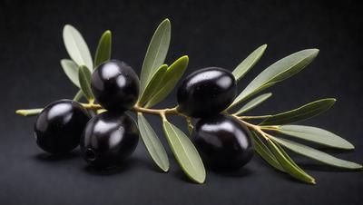 The primary subject of the image is a branch with several black olives attached to it. The olives are arranged in a way that they appear to be hanging from the branch. The setting is a dark background, which contrasts with the olives and the branch. The visual style of the image is a close-up of the olives, showcasing their details. The colors and mood of the image are dark and moody, with the black olives being the main focus.