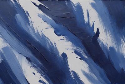 The primary subject of the image is a painting of a blue and white background with a blue and white swirl pattern. The setting is a canvas, and the visual style is a painting. The dominant colors are blue and white, creating a calm and soothing atmosphere.