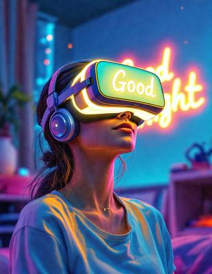 The primary subject of the image is a woman wearing headphones and a VR headset, which is making her appear as if she is wearing goggles. She is sitting in a room with a potted plant nearby. The setting is a living room, and the visual style is a photo. The colors in the image are predominantly purple, creating a calm and relaxing atmosphere.