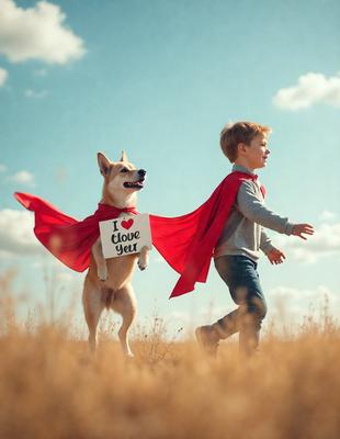 The primary subject of the image is a young boy wearing a red cape and carrying a dog on his back. The boy is walking through a field, and the dog appears to be enjoying the ride. The setting is a grassy field, and the visual style is a photo. The colors in the image are predominantly red and yellow, creating a warm and inviting atmosphere.