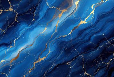 The primary subject of the image is a blue and gold marble wall. The setting is a room with a blue and gold marble wall, which serves as the background. The visual style is a close-up of the marble wall, showcasing its intricate patterns and textures. The dominant colors are blue and gold, creating a luxurious and elegant atmosphere.