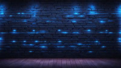The primary subject of the image is a brick wall with a blue glow. The setting is a dark room, and the visual style appears to be a digital art or illustration. The dominant colors are blue and purple, creating a moody and atmospheric ambiance.