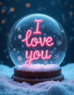 The primary subject of the image is a snow globe with the phrase "I Love You" written on it. The setting is a snowy environment, and the visual style appears to be a combination of a photo and digital art. The colors are predominantly white and pink, creating a warm and cozy atmosphere.