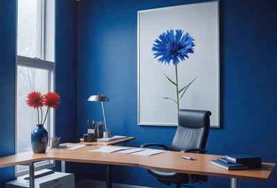 The primary subject of the image is a desk with a wooden surface, a chair, and a computer. The setting is an office space, and the visual style is a photo. The dominant colors are blue and white, creating a calm and professional atmosphere.