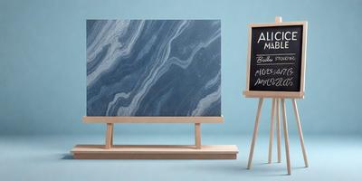 The primary subject of the image is a large, blue marble tile. The tile is displayed on a wooden stand, which is placed on a blue surface. The visual style of the image is a photo, and the dominant colors are blue and white. The overall atmosphere of the image is elegant and sophisticated, with the marble tile serving as a focal point.