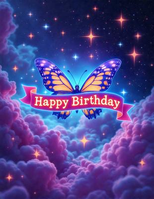 The primary subject of the image is a butterfly, which is the main object, scene, or focus of the image. The butterfly is depicted in a colorful and vibrant manner, with a purple background and a pink ribbon. The visual style of the image is digital art, as it is a computer-generated illustration. The colors and mood of the image are lively and cheerful, as the butterfly is associated with happiness and celebration.