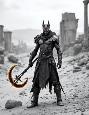 The primary subject of the image is a man dressed in a dark costume, holding a large, ornate sword. The setting is a rocky, desert-like environment, with a stone wall in the background. The visual style appears to be a digital art or illustration, with a focus on the intricate details of the costume and the sword. The colors and mood of the image are dark and dramatic, creating a sense of mystery and intensity.