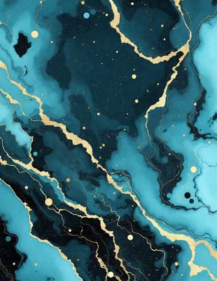 The primary subject of the image is a painting featuring a blue background with gold stars and swirls. The setting is a canvas, and the visual style is a combination of digital art and illustration. The dominant colors are blue and gold, creating a serene and calming atmosphere.