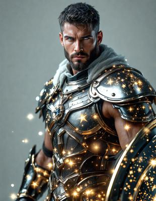 The primary subject of the image is a man wearing a suit of armor, which is a combination of gold and silver colors. The setting is a studio, and the visual style is digital art. The man appears to be a warrior or a character from a fantasy world, and the overall atmosphere is one of strength and power.