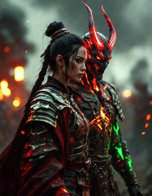 The primary subject of the image is a woman dressed in a red robe, standing next to a man dressed in a demonic costume. The setting appears to be a dark, possibly demonic or fantasy-themed environment. The visual style of the image is a combination of photo and digital art, creating a unique and intriguing scene. The colors in the image are predominantly dark, with red and green accents, adding to the overall mood of the scene.