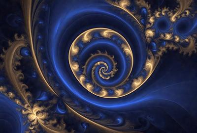 The primary subject of the image is a spiral pattern, which is the main object, scene, or focus of the image. The spiral pattern is set against a blue background, giving it a vibrant and lively appearance. The visual style of the image is a combination of photo and digital art, creating a unique and eye-catching design. The dominant colors in the image are blue and gold, which contribute to the spiral pattern's overall atmosphere and mood.