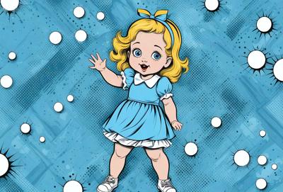 The primary subject of the image is a little girl wearing a blue dress. She is standing on a blue surface, which appears to be a comic book background. The visual style of the image is a comic book illustration, giving it a vibrant and playful atmosphere. The colors in the image are predominantly blue, which adds to the overall mood of the scene.