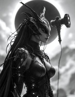 The primary subject of the image is a woman dressed in a black and silver outfit, which includes a metal armor-like suit. She is standing in front of a moon, which serves as the setting or background of the scene. The visual style of the image is a combination of digital art and illustration, creating a unique and intriguing atmosphere. The colors in the image are predominantly black and silver, with the moon adding a touch of white and blue. The overall mood of the image is mysterious and captiv