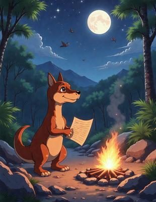 The image features a cartoon-like animal, possibly a dog or a kangaroo, sitting on the ground and holding a piece of paper. The scene takes place at night, with a moon visible in the sky. The animal is surrounded by a forest, and there are several birds flying in the background. The overall atmosphere of the image is whimsical and playful, with the animal engaging in a humorous activity.