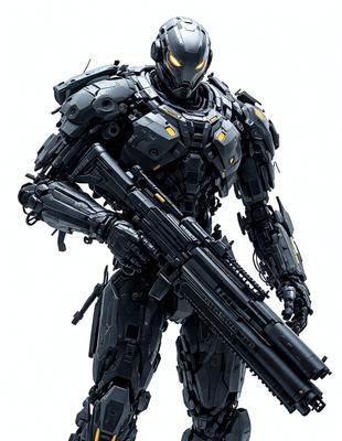 The primary subject of the image is a robotic figure holding a gun. The robot is the main focus of the image, and it is positioned in the center of the scene. The setting is a white background, which provides a clean and uncluttered environment for the robotic figure. The visual style of the image is digital art, as it appears to be a computer-generated or digitally rendered image. The colors and mood of the image are predominantly dark and futuristic, with the robot and gun being the