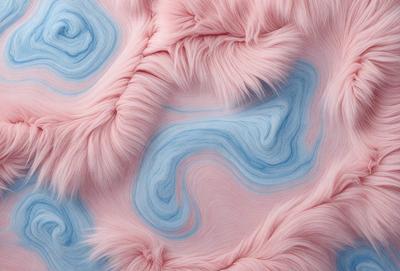 The primary subject of the image is a close-up of a pink and blue furry fabric. The setting is a pink and blue background, which adds to the overall visual style. The colors and mood of the image are vibrant and lively, with the pink and blue hues creating a sense of warmth and energy.