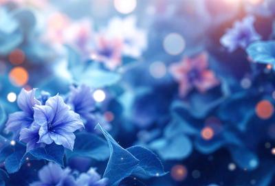 The primary subject of the image is a close-up of a blue flower with green leaves. The setting is a blue background, which adds to the overall visual style. The image is a photo, capturing the beauty of the flower in detail. The dominant colors are blue and green, creating a serene and calming atmosphere.