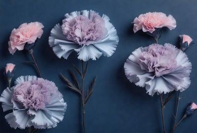 The primary subject of the image is a group of three purple flowers with long stems, arranged in a vase. The flowers are placed on a blue surface, which serves as the setting or background. The visual style of the image is a combination of photo and digital art, creating a realistic yet artistic representation of the flowers. The colors of the flowers and the blue surface create a calm and serene atmosphere.