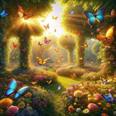 Primary subject: A beautiful garden filled with colorful flowers and butterflies.

Setting/background: The garden is surrounded by trees and features a lush green field.

Visual style: The image is a digital art illustration, depicting a vibrant and whimsical scene.

Colors and mood: The garden is predominantly filled with bright and warm colors, creating a cheerful and inviting atmosphere.