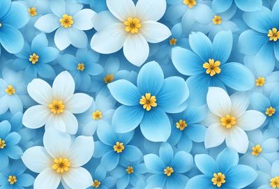 The primary subject of the image is a large number of blue flowers, which are the main objects in the scene. The setting is a blue background, which creates a visually appealing contrast with the flowers. The visual style of the image is a combination of photo and digital art, as it features a close-up view of the flowers with a vibrant blue color palette. The overall atmosphere of the image is serene and calming, as the blue flowers create a sense of tranquility and beauty.