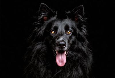 The primary subject of the image is a black dog with a panting tongue. The dog is standing in front of a dark background, which creates a dramatic contrast with the dog's fur. The visual style of the image is a close-up of the dog's face, emphasizing its features and expression. The dominant colors in the image are black and white, with the dog's fur being predominantly black. The overall atmosphere of the image is intense and captivating, as the dog's pant