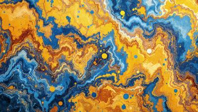 The primary subject of the image is a vibrant, colorful painting featuring a mix of blue, yellow, and orange hues. The setting is a canvas, and the visual style appears to be a combination of digital art and illustration. The painting has a dynamic and lively atmosphere, with a variety of shapes and colors creating a visually engaging and captivating piece of art.