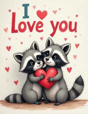 The image features two cartoon raccoons, each holding a heart. They are positioned close to each other, with one raccoon on the left and the other on the right. The hearts they are holding are red, and the overall atmosphere of the image is warm and affectionate. The visual style of the image is a combination of digital art and illustration, creating a whimsical and playful scene.