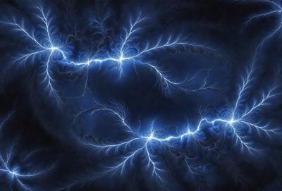 The primary subject of the image is a blue background with a pattern of lightning bolts. The setting appears to be a dark, possibly futuristic environment. The visual style of the image is digital art, as it features a blue background with lightning bolts and a sense of depth. The colors and mood of the image are predominantly dark and moody, with the blue background and lightning bolts creating a sense of intensity and energy.