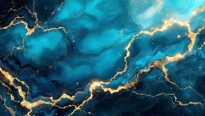 The primary subject of the image is a blue and gold swirling pattern, which appears to be a digital art or illustration. The setting is a dark blue background, and the visual style is a combination of digital art and illustration. The dominant colors are blue and gold, creating a vibrant and luminous atmosphere.