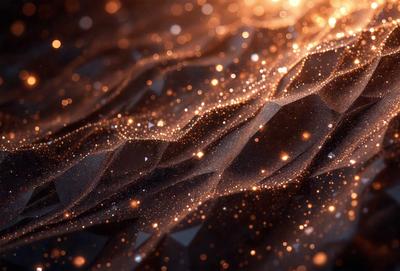The primary subject of the image is a close-up of a patterned surface, possibly a piece of art or a textured wall. The setting appears to be a dark room, with the patterned surface being the main focus. The visual style of the image is a combination of photo and digital art, creating a unique and intriguing appearance. The colors and mood of the image are predominantly dark and moody, with the patterned surface providing a contrasting element of brightness and visual interest.