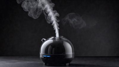 The primary subject of the image is a black and blue device, possibly a coffee maker or a tea kettle, sitting on a table. The setting is a dark room, and the visual style appears to be a photo. The colors in the image are predominantly black and blue, creating a moody atmosphere.