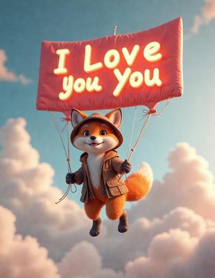 The primary subject of the image is a cartoon fox character, which is depicted as a kite flying in the sky. The setting is a cloudy sky, and the visual style is digital art. The dominant colors in the image are pink and white, giving the scene a warm and cheerful atmosphere.