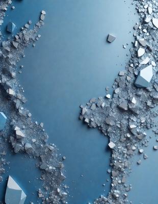 The primary subject of the image is a blue surface with a pattern of small, white, and blue rocks. The setting appears to be a blue background, and the visual style is a combination of photo and digital art. The dominant colors are blue and white, creating a calm and serene atmosphere.