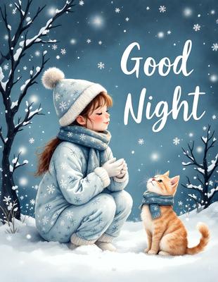 The primary subject of the image is a young girl sitting in the snow, wearing a blue coat and a hat. She is smiling and looking at a cat that is also sitting in the snow. The setting is a snowy environment, and the visual style appears to be a digital art or illustration. The dominant colors in the image are blue and white, creating a calm and serene atmosphere.