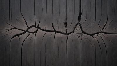 The primary subject of the image is a wooden plank with visible cracks and splits. The setting is a dark room, and the visual style appears to be a close-up of the wooden plank. The colors and mood of the image are dark and moody, with the wooden plank being the main focus.