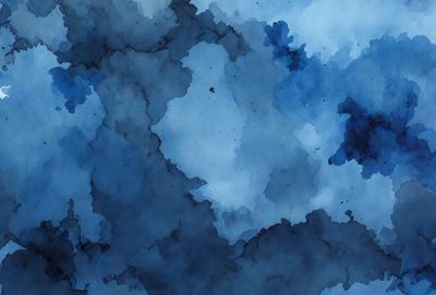The primary subject of the image is a blue cloudy sky with a few white clouds. The setting is a blue background, and the visual style is a watercolor painting. The colors and mood of the image are predominantly blue and cloudy, creating a serene and calming atmosphere.