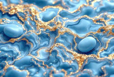 The primary subject of the image is a blue and gold swirling pattern, which appears to be a digital art or illustration. The setting is a blue background, and the visual style is a combination of digital art and illustration. The dominant colors are blue and gold, creating a vibrant and lively atmosphere.