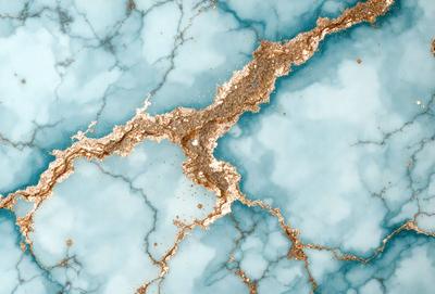 The primary subject of the image is a blue marble surface with gold accents. The setting is a blue marble countertop, and the visual style is a photo. The dominant colors are blue and gold, creating a luxurious and elegant atmosphere.