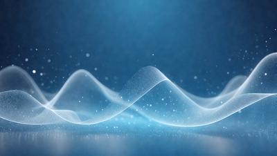 The primary subject of the image is a blue wave, which appears to be a digital art or illustration. The setting is a dark blue background, and the visual style gives the impression of a futuristic or surreal scene. The dominant colors are blue and white, creating a calm and serene atmosphere.