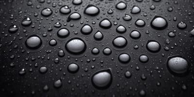 The primary subject of the image is a close-up of a raindrop-covered surface, likely a black background. The setting is a rainy day, and the visual style is a realistic representation of the raindrops. The colors and mood of the image are predominantly dark, with the raindrops being the main focus.