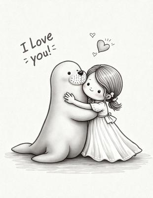 The image features a little girl hugging a large stuffed seal. The girl is wearing a white dress, and the seal is positioned behind her. The scene appears to be a heartwarming and playful moment between the girl and the seal. The visual style of the image is a combination of digital art and illustration, creating a charming and whimsical atmosphere.