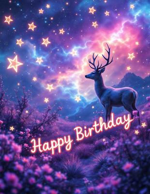 The primary subject of the image is a deer, which is standing in a purple, star-filled sky. The deer is the main focus of the image, and it appears to be looking at the camera. The setting is a beautiful, colorful, and imaginative landscape, with the deer standing in a field of purple flowers. The visual style of the image is a combination of digital art and illustration, creating a unique and captivating scene. The colors and mood of the image are vibrant