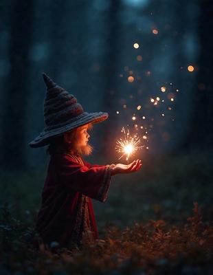The primary subject of the image is a young girl wearing a witch's hat and holding a sparkler. She is standing in a forest, surrounded by trees. The visual style of the image is a photo, capturing the girl's playful moment. The colors in the image are predominantly dark, with the sparkler providing a bright and luminous touch. The overall atmosphere of the image is one of magic and wonder, as the girl enjoys her time in the enchanting forest.