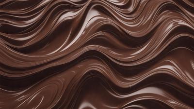 The primary subject of the image is a close-up of a chocolate cake with swirls and waves. The setting is a table, and the visual style is a photo. The dominant colors are brown and black, creating a rich and indulgent atmosphere.