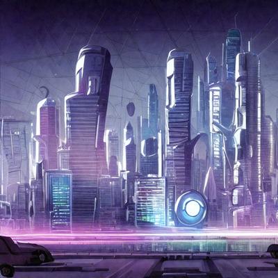The primary subject of the image is a futuristic cityscape with tall buildings and a large, round structure in the center. The setting is a city street with a car driving down it. The visual style is digital art, and the colors and mood are predominantly purple and pink, giving the scene a futuristic and surreal atmosphere.