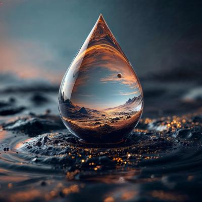 The primary subject of the image is a single drop of water, which is captured in a photograph. The setting is a black background, which provides a stark contrast to the drop of water. The visual style is a close-up shot of the drop of water, showcasing its unique and intricate structure. The colors in the image are predominantly black and white, giving the scene a minimalist and artistic feel.
