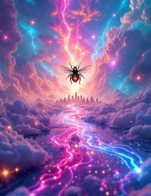 The primary subject of the image is a bee, which is flying through a vibrant, colorful sky. The setting is a cloudy background, and the visual style appears to be a digital art or illustration. The colors and mood of the image are lively and energetic, with a sense of movement and dynamism.