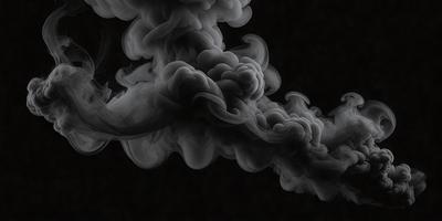 The primary subject of the image is a large, dark cloud of smoke or fog. The setting is a black background, which emphasizes the cloud's shape and form. The visual style is a close-up of the cloud, showcasing its intricate structure. The colors and mood of the image are dark and mysterious, creating a sense of depth and intensity.